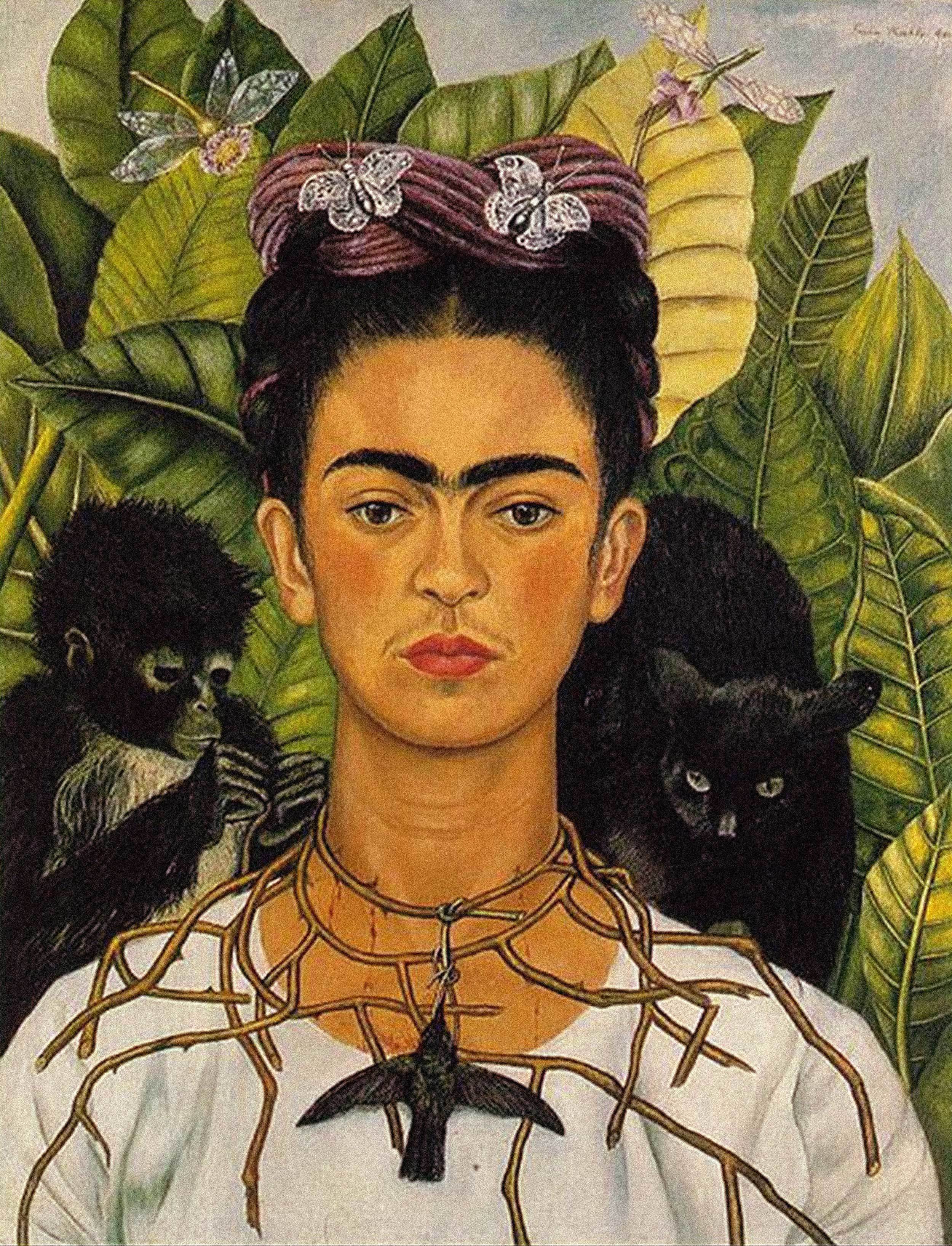 Frida Kahlo -  Self-portrait with Thorn Necklace and Hummingbird, 1940, Rahmen Schattenfuge braun