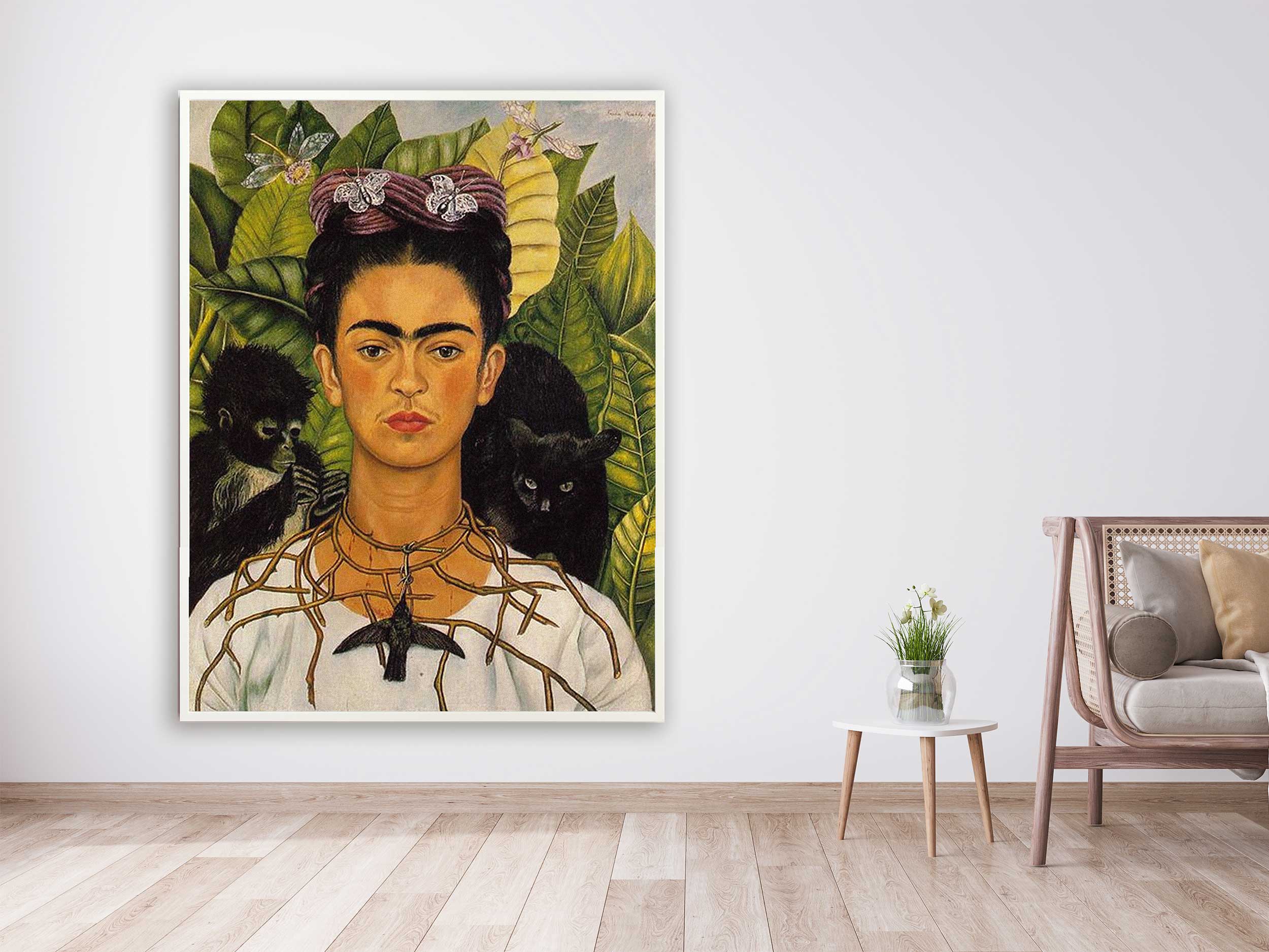 Frida Kahlo -  Self-portrait with Thorn Necklace and Hummingbird, 1940, Bilderrahmen weiß