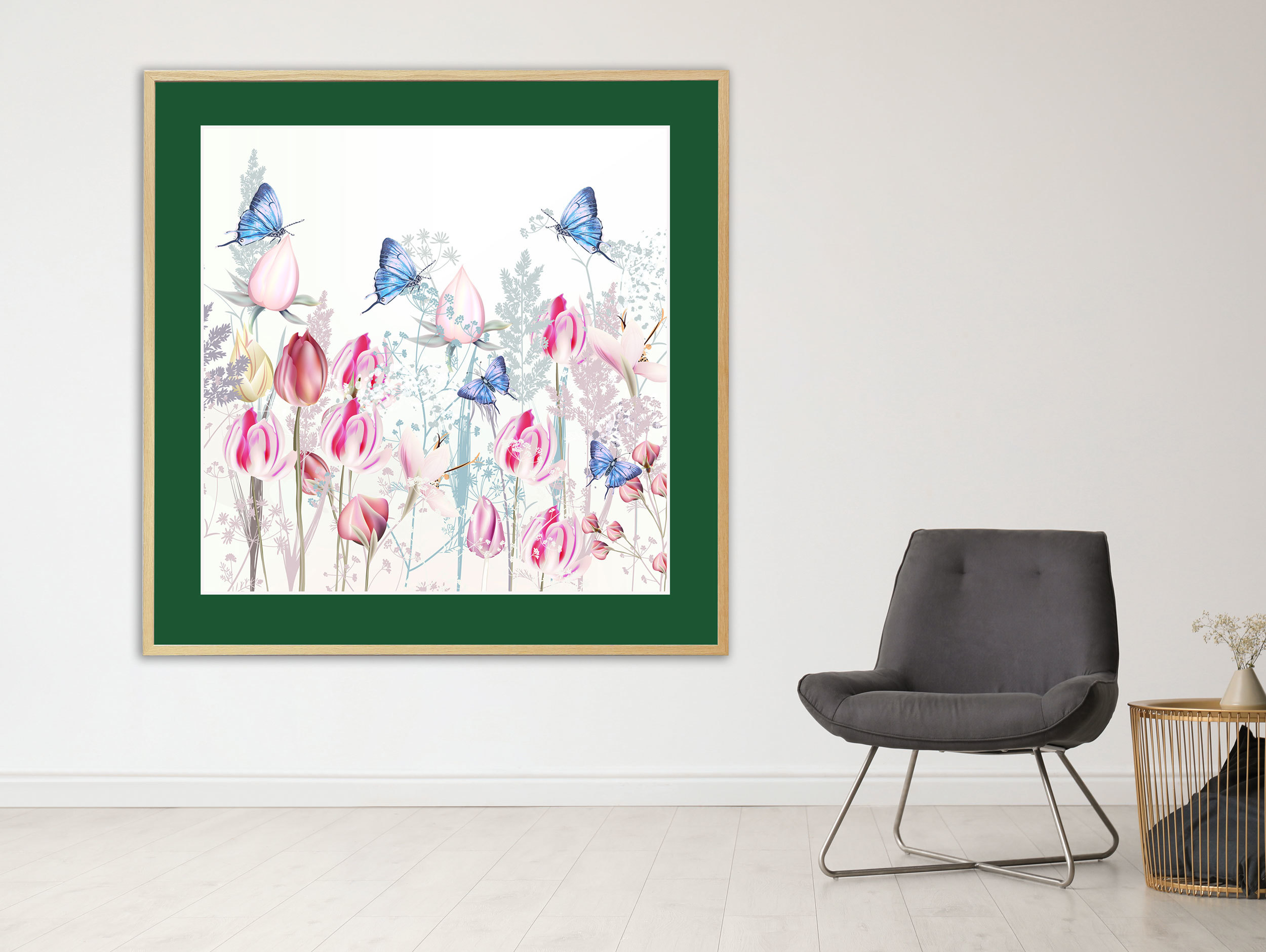 Blaue Schmetterlinge in der Tulpenwiese