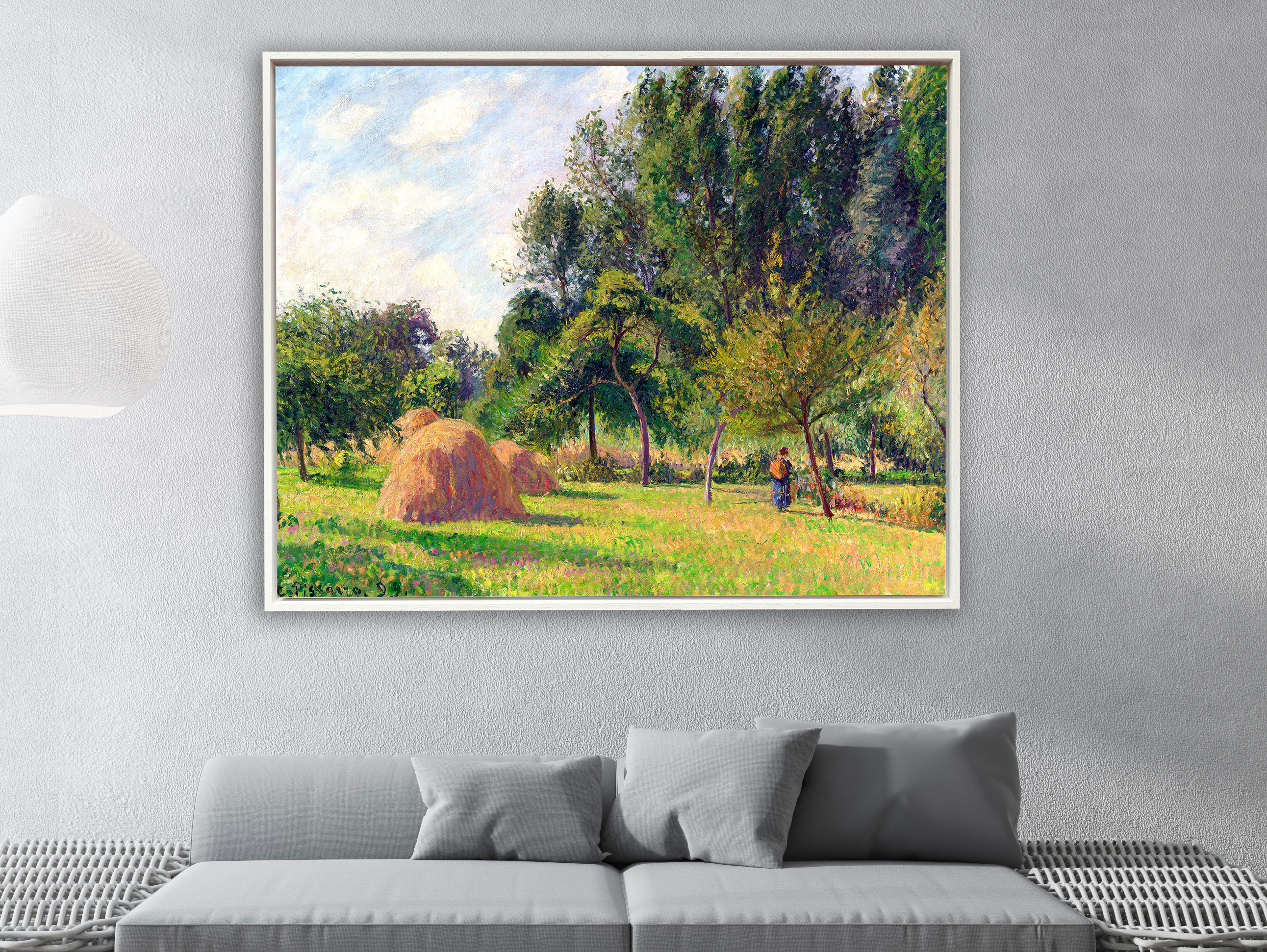 Camille Pissarro - Heuhaufen am Morgen Eragny in Frankreich, Schattenfugenrahmen weiß