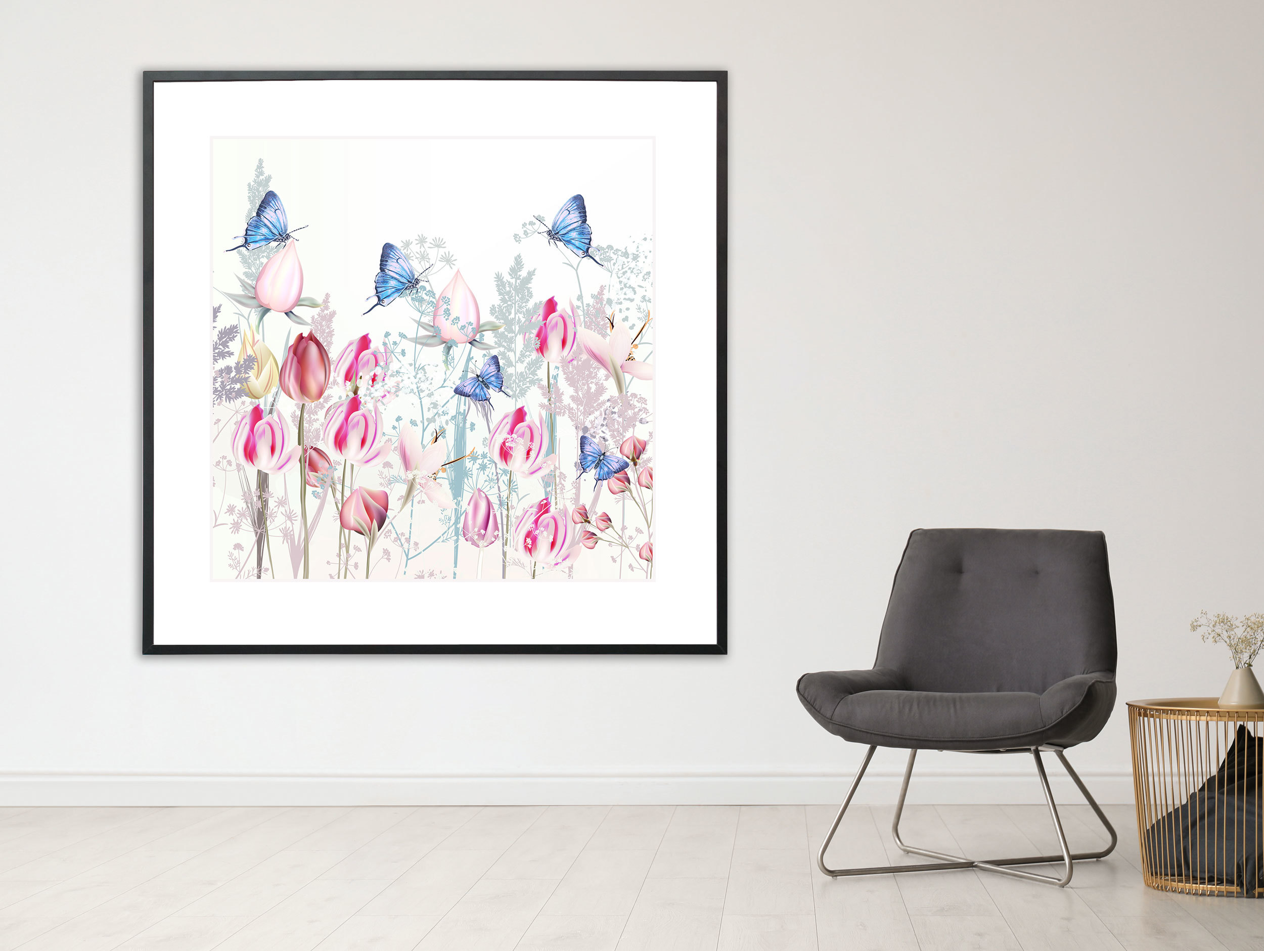 Blaue Schmetterlinge in der Tulpenwiese