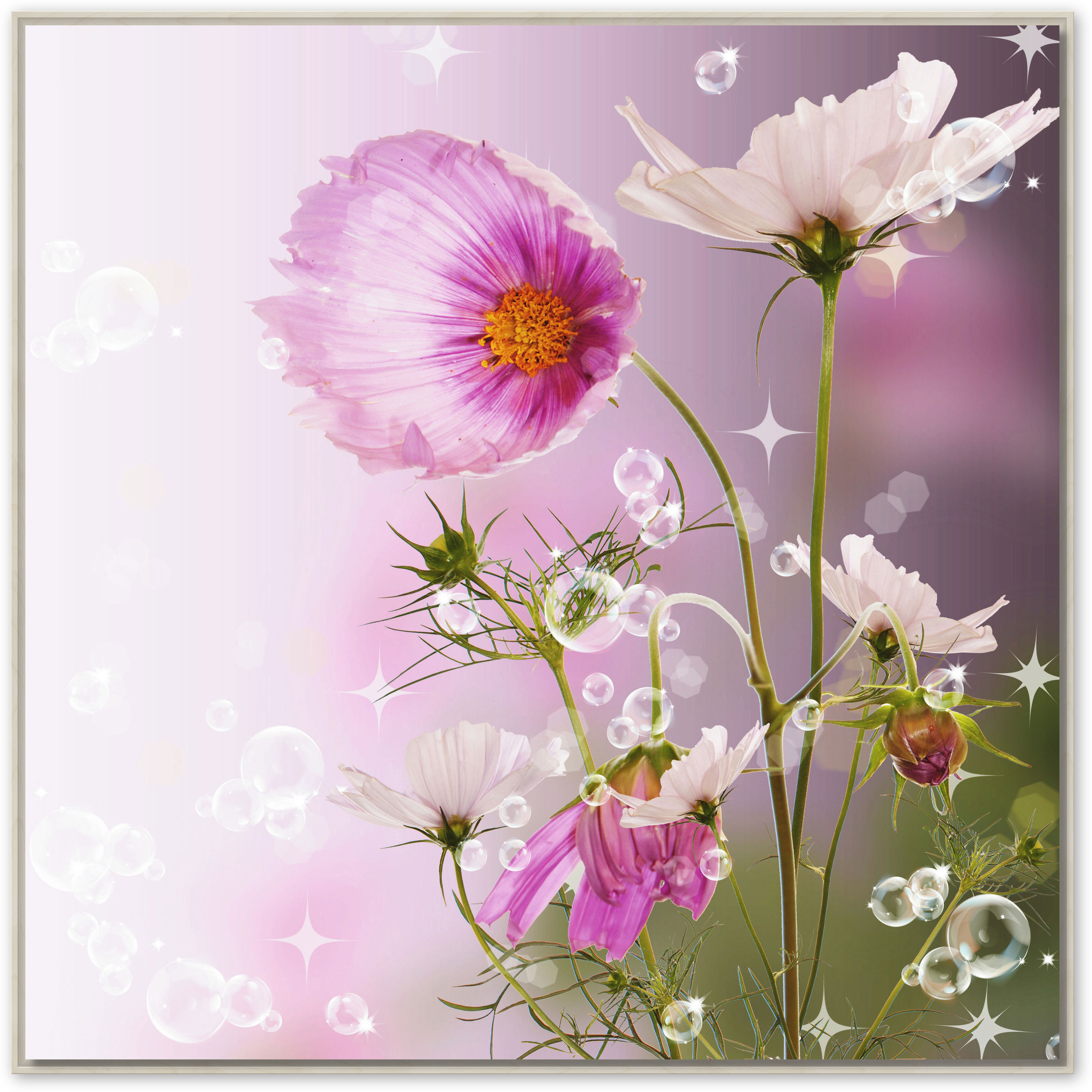 Blumen im Seifenblasenmeer, Schattenfugenrahmen weiß